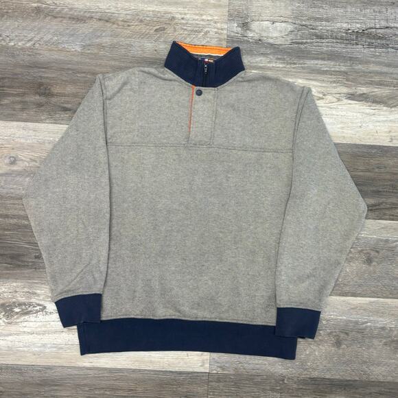 Orvis Gray Blue Orange Mens M 1/4 Zip Snap Mock Neck Pullover Signature Sweater‎ - Picture 2 of 10